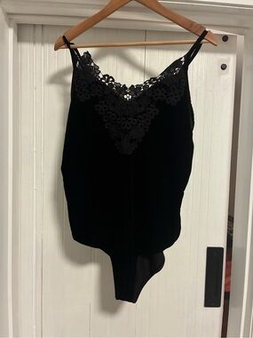 Black Lace Trim Velvet Cami Bodysuit